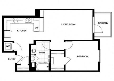 Floor plan for 1 bed, 1 bath, 747 sqft